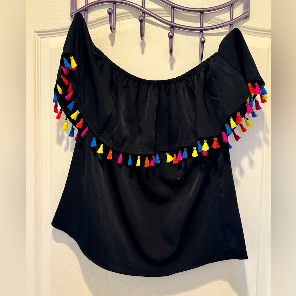 INC size medium off the shoulder, ruffle black shirt.